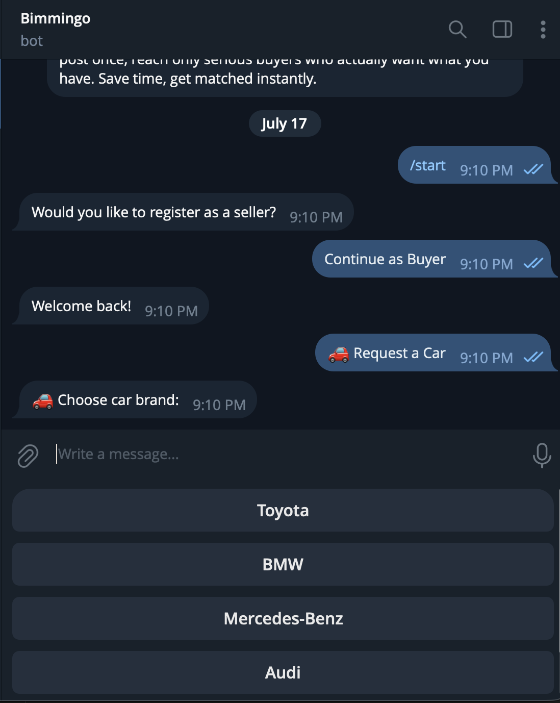 Bimmingo bot asking to choose a car brand