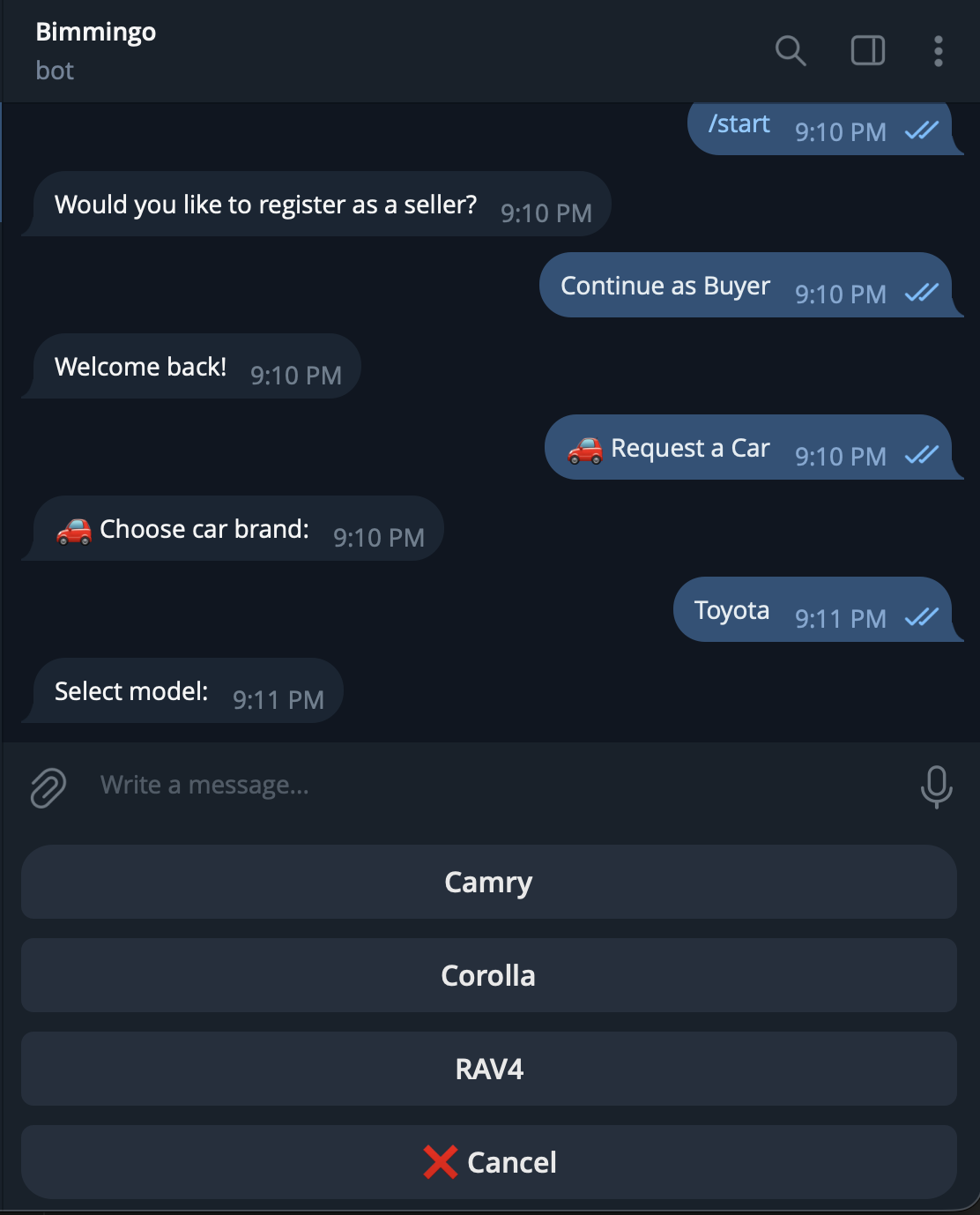 Bimmingo bot showing model options for the selected brand